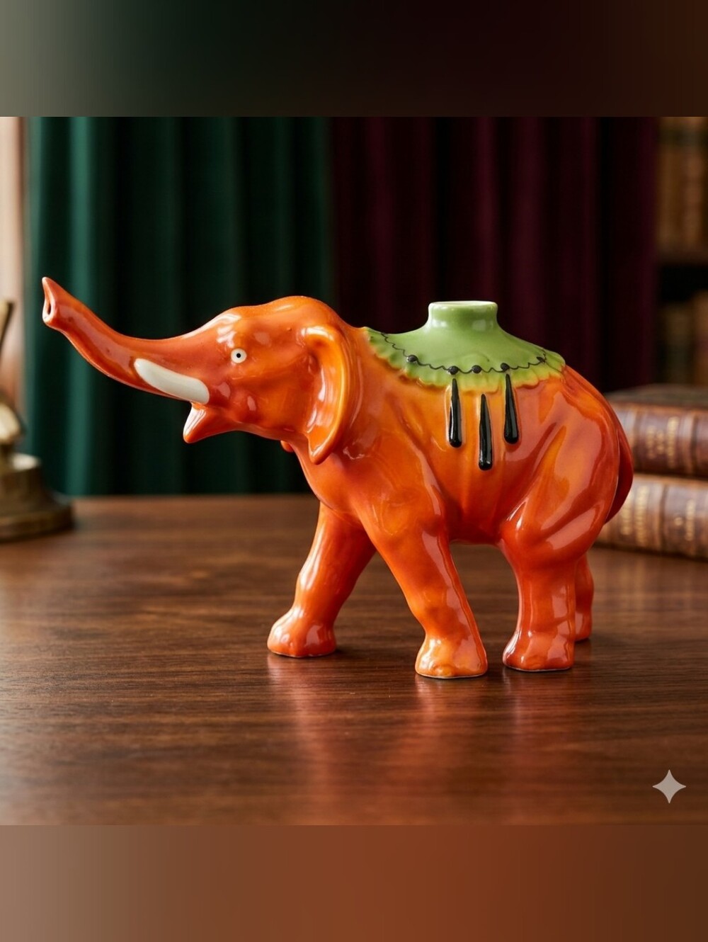 Rare Vintage MCM Bavarian Orange Ceramic Elephant Cigarette Holder Novelty Figur